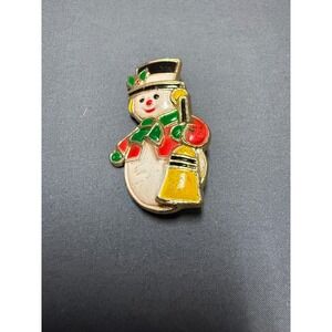 Vintage 1979's Christmas Snowman Enamel Brooch Gold Tone Holiday Pin Winter